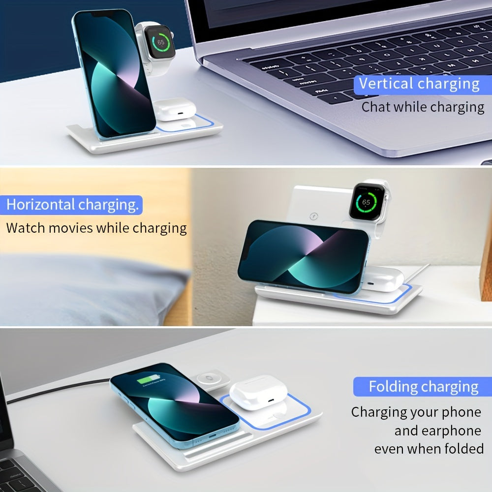 3-in-1 Wireless Charging Station: 15W MagSafe Fast Charger Stand with QC3.0 Adapter - Compatible with iPhone 15/14/13/12/11/Pro/Max/Mini/Plus, iWatch Ultra 9/8/7/6/5/4/3/2, AirPods 3/2