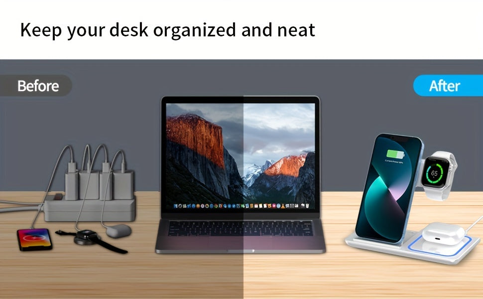 3-in-1 Wireless Charging Station: 15W MagSafe Fast Charger Stand with QC3.0 Adapter - Compatible with iPhone 15/14/13/12/11/Pro/Max/Mini/Plus, iWatch Ultra 9/8/7/6/5/4/3/2, AirPods 3/2