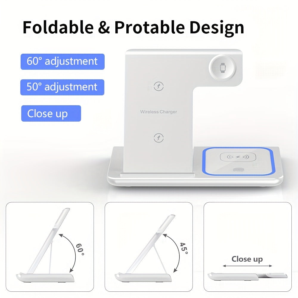 3-in-1 Wireless Charging Station: 15W MagSafe Fast Charger Stand with QC3.0 Adapter - Compatible with iPhone 15/14/13/12/11/Pro/Max/Mini/Plus, iWatch Ultra 9/8/7/6/5/4/3/2, AirPods 3/2