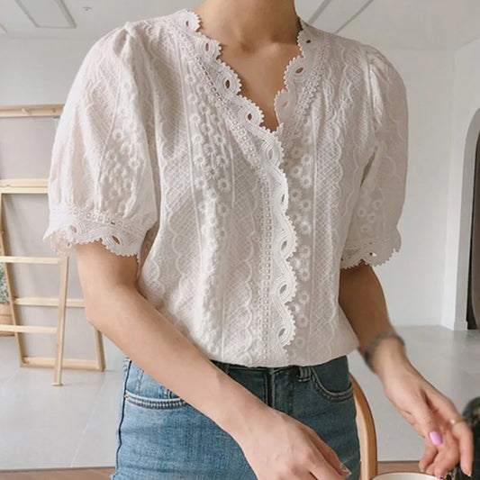Office Ladies' Hollow Out White Blouse: Fashionable V-Neck Lace Border Shirt - Simple Casual Short Sleeve Blouses and Tops for Women