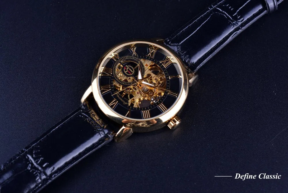 Forsining 3d Logo Design Hollow Engraving Black Golden Case Leather Skeleton Mechanical Watches Men Luxury Brand Heren Horloge