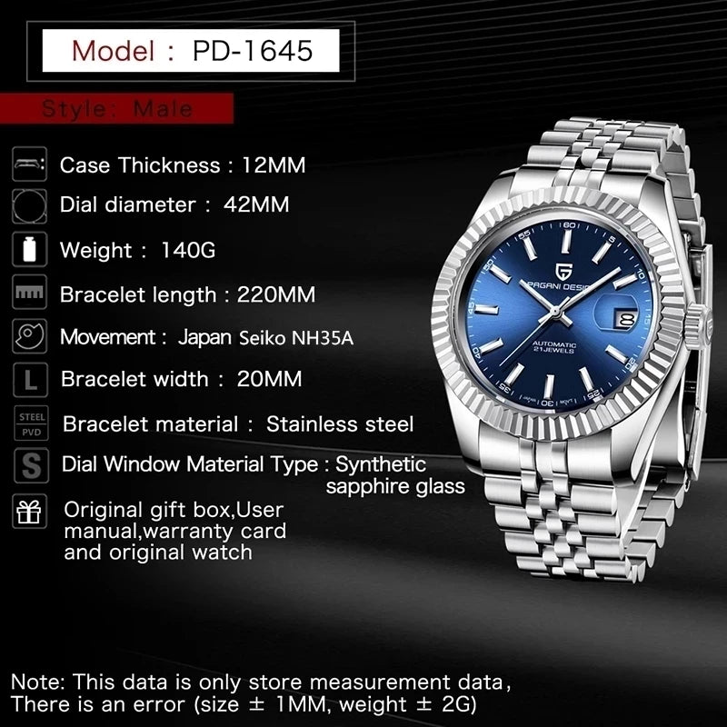 New PAGANI DESIGN PD-1645 V3 Men Mechanical Watches Business Sapphire Glass Automatic Watch NH35 Stainless Steel Watch for Men