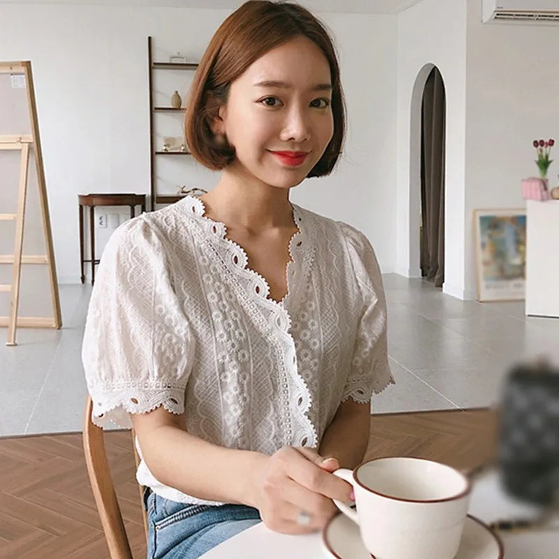 Office Ladies' Hollow Out White Blouse: Fashionable V-Neck Lace Border Shirt - Simple Casual Short Sleeve Blouses and Tops for Women