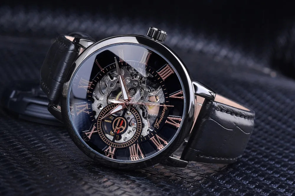 Forsining 3d Logo Design Hollow Engraving Black Golden Case Leather Skeleton Mechanical Watches Men Luxury Brand Heren Horloge