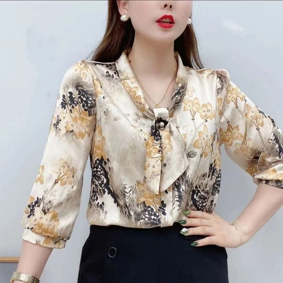 Women's Casual Half Sleeve Bow Tie Collar Printed Chiffon Blouses (2 Colors)