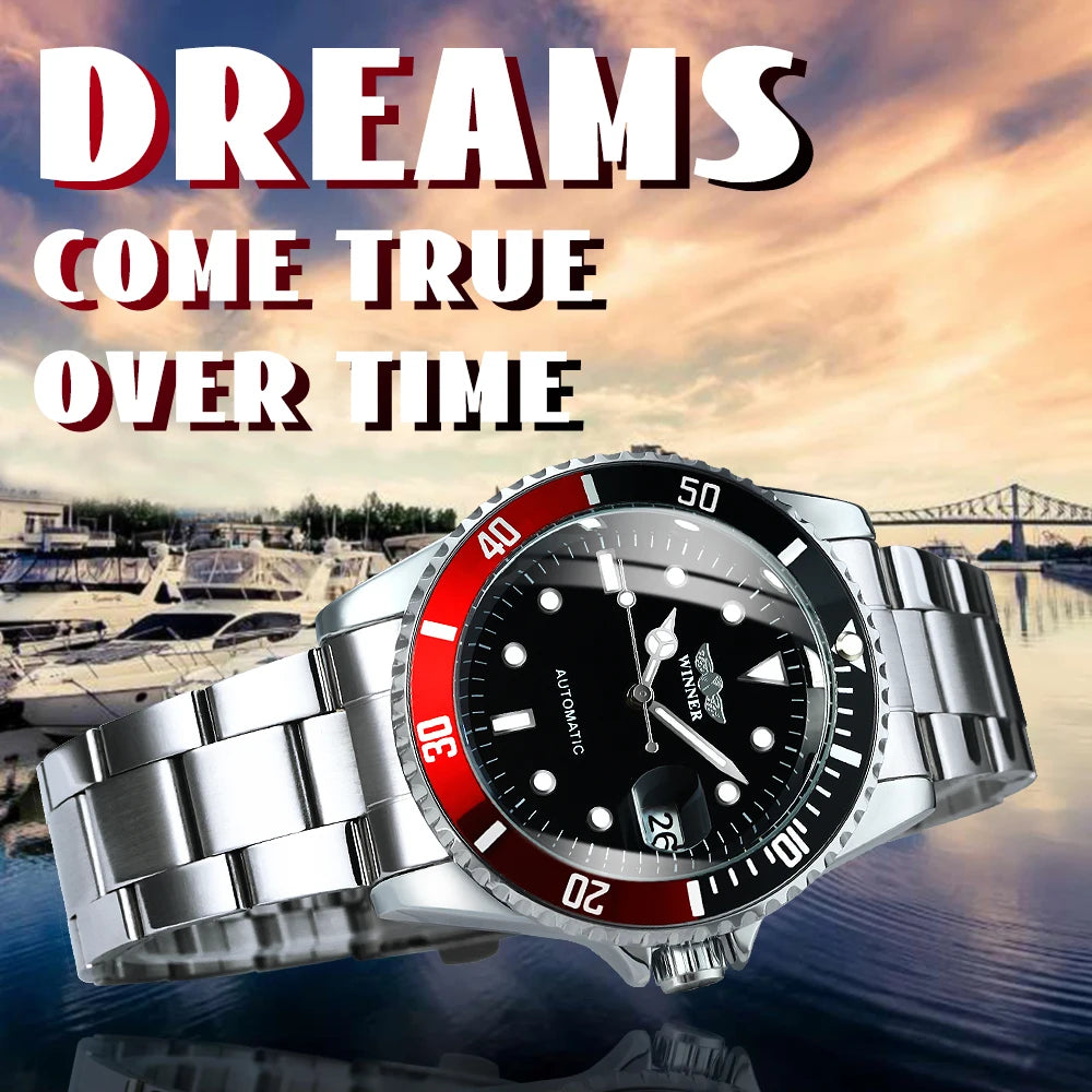 WINNER Classic Mechanical Watches Luxury Brand Business Automatic Watch for Men Rotatable Bezel Luminous Dial Steel Strap Clock