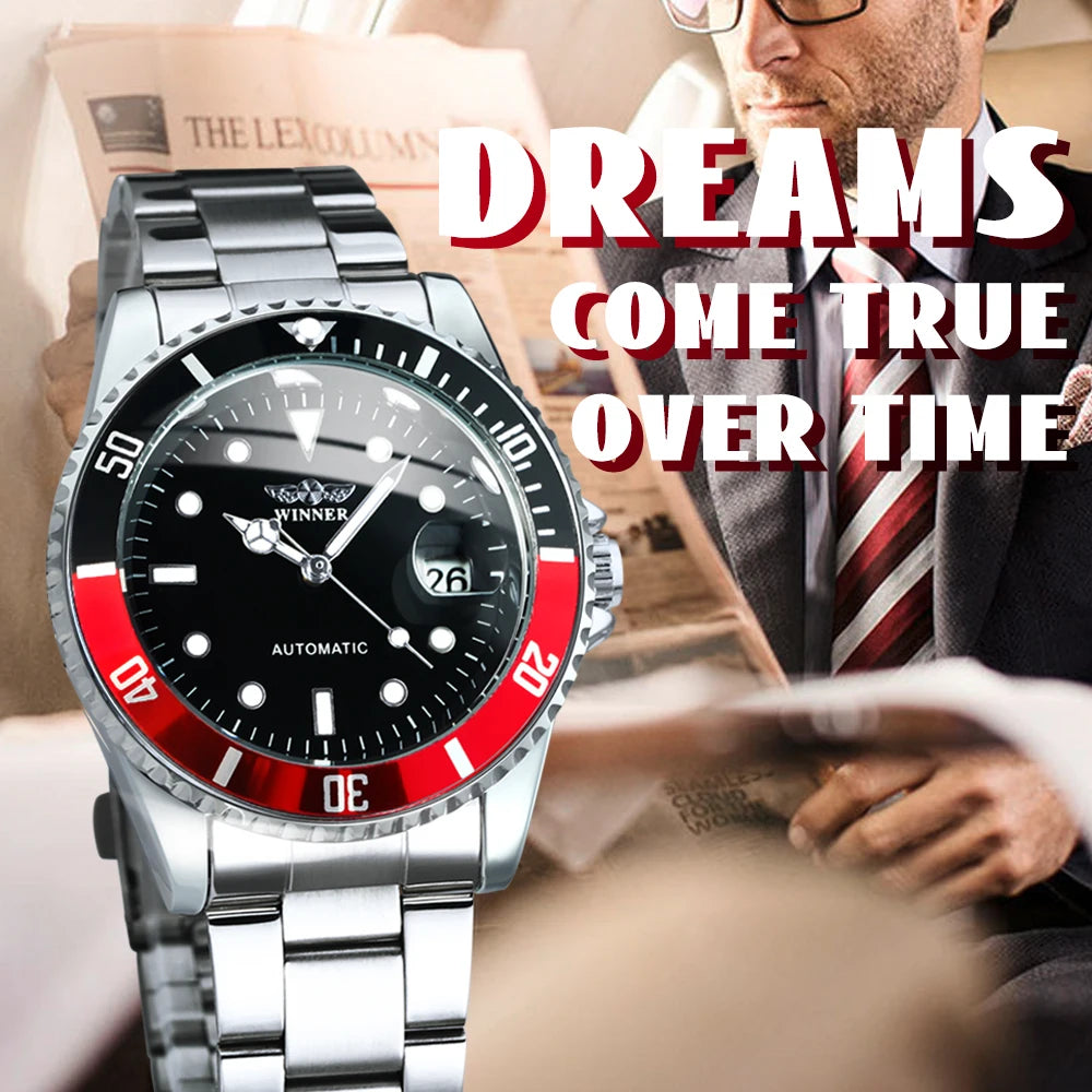 WINNER Classic Mechanical Watches Luxury Brand Business Automatic Watch for Men Rotatable Bezel Luminous Dial Steel Strap Clock