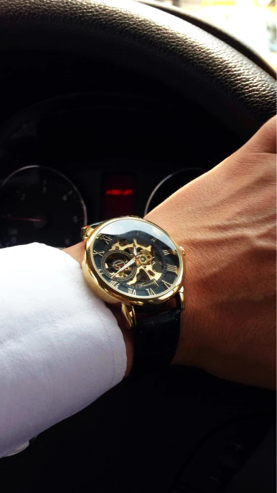 Forsining 3d Logo Design Hollow Engraving Black Golden Case Leather Skeleton Mechanical Watches Men Luxury Brand Heren Horloge