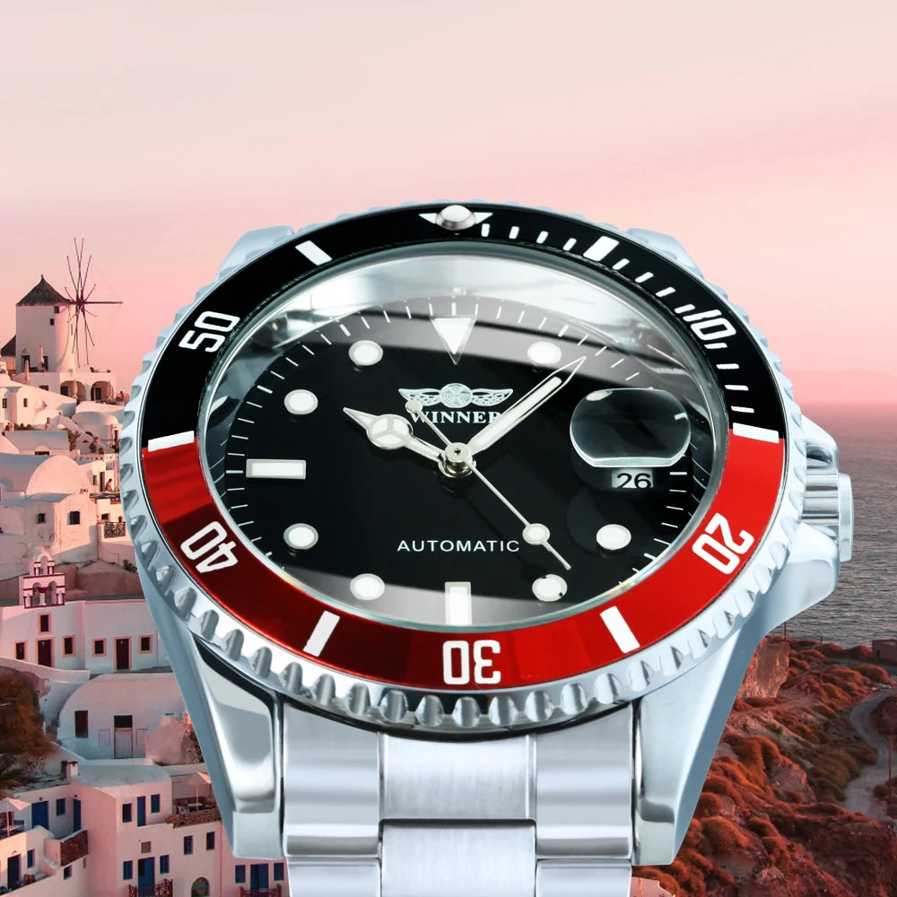 WINNER Classic Mechanical Watches Luxury Brand Business Automatic Watch for Men Rotatable Bezel Luminous Dial Steel Strap Clock