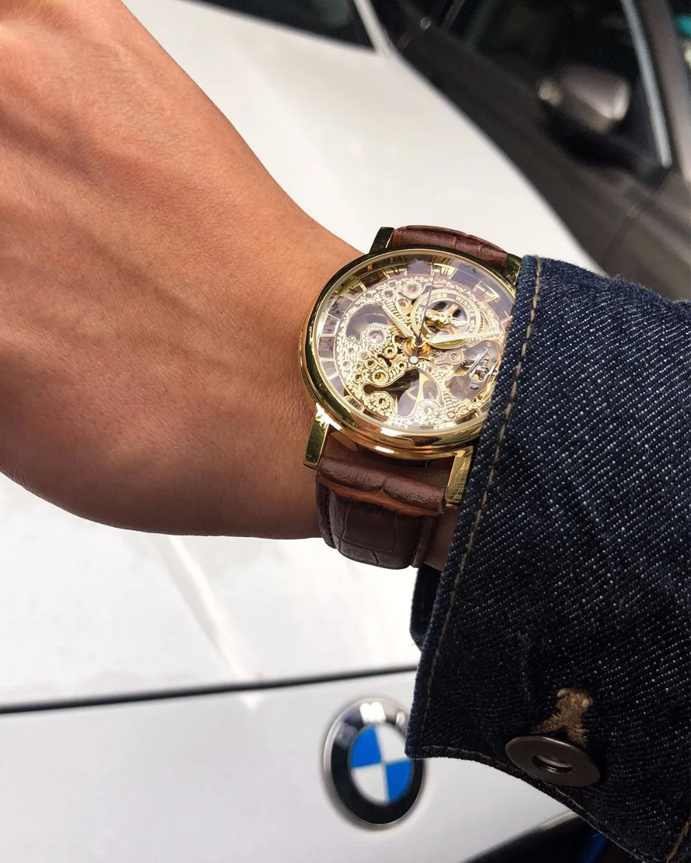 Winner Transparent Fashion Case Luxury Casual Design Leather Strap Mens Watches Top Brand Luxury Mechanical Skeleton Watch