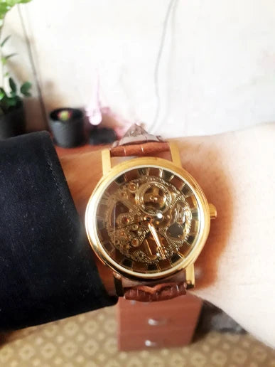 Winner Transparent Fashion Case Luxury Casual Design Leather Strap Mens Watches Top Brand Luxury Mechanical Skeleton Watch