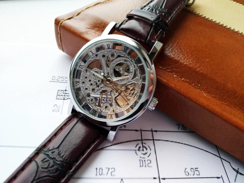 Winner Transparent Fashion Case Luxury Casual Design Leather Strap Mens Watches Top Brand Luxury Mechanical Skeleton Watch