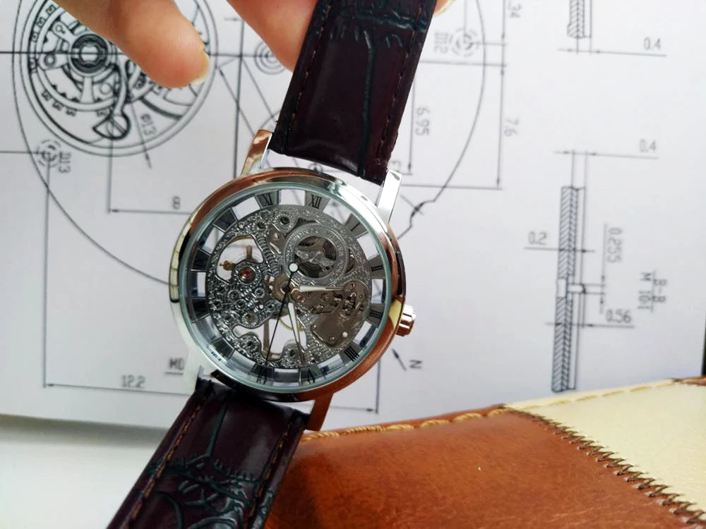 Winner Transparent Fashion Case Luxury Casual Design Leather Strap Mens Watches Top Brand Luxury Mechanical Skeleton Watch