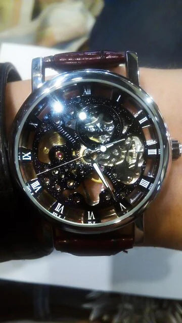 Winner Transparent Fashion Case Luxury Casual Design Leather Strap Mens Watches Top Brand Luxury Mechanical Skeleton Watch