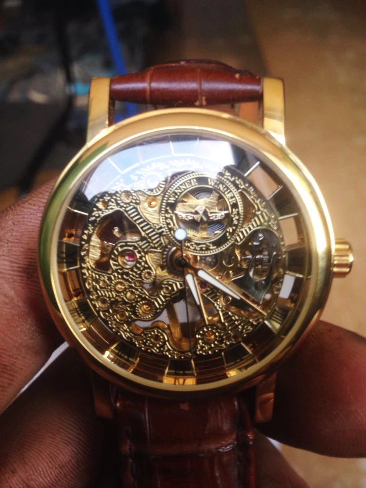 Winner Transparent Fashion Case Luxury Casual Design Leather Strap Mens Watches Top Brand Luxury Mechanical Skeleton Watch