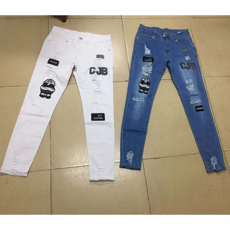 Men's Stretchy Ripped Skinny Embroidered Jeans: White Pants, Destroyed Holes, Slim Fit, High-Quality Denim, Hip Hop Style - 15 Colors/Styles