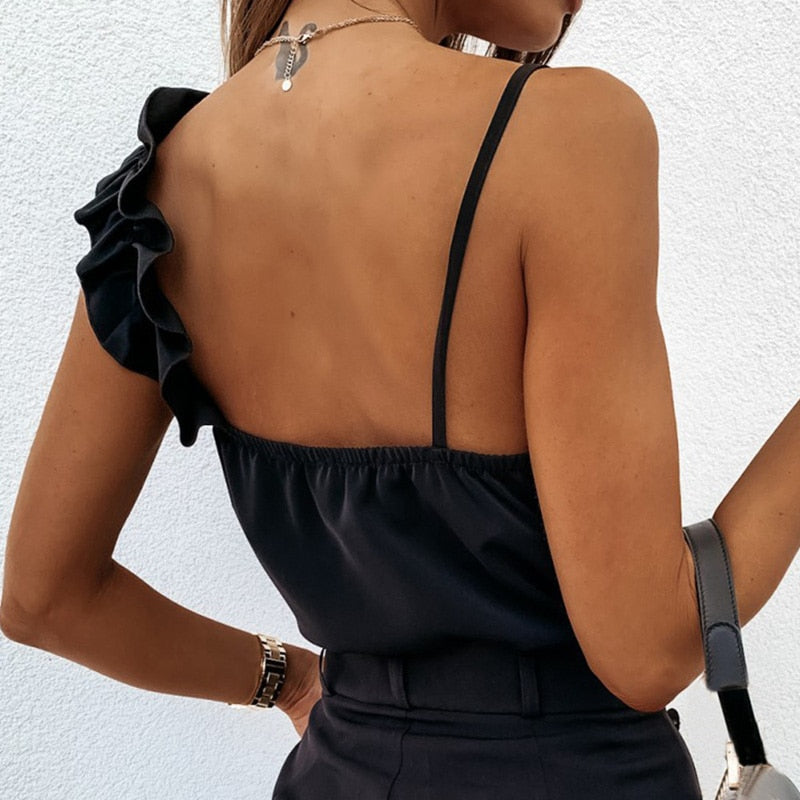Women's Backless V Neck Spaghetti Strap Ruffle Sleeveless Blouses (2 Colors)