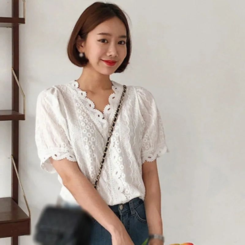 Office Ladies' Hollow Out White Blouse: Fashionable V-Neck Lace Border Shirt - Simple Casual Short Sleeve Blouses and Tops for Women
