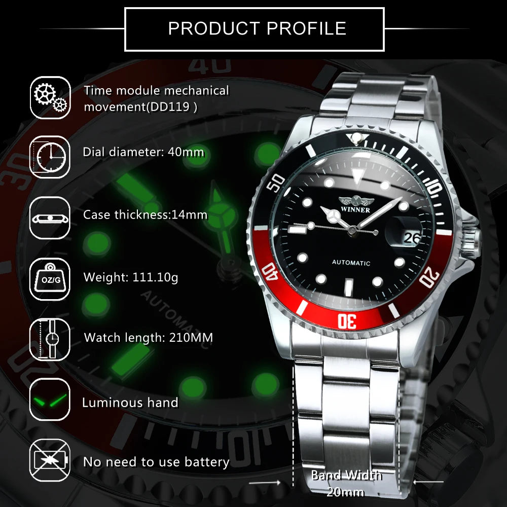 WINNER Classic Mechanical Watches Luxury Brand Business Automatic Watch for Men Rotatable Bezel Luminous Dial Steel Strap Clock