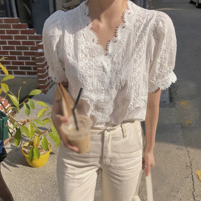 Office Ladies' Hollow Out White Blouse: Fashionable V-Neck Lace Border Shirt - Simple Casual Short Sleeve Blouses and Tops for Women
