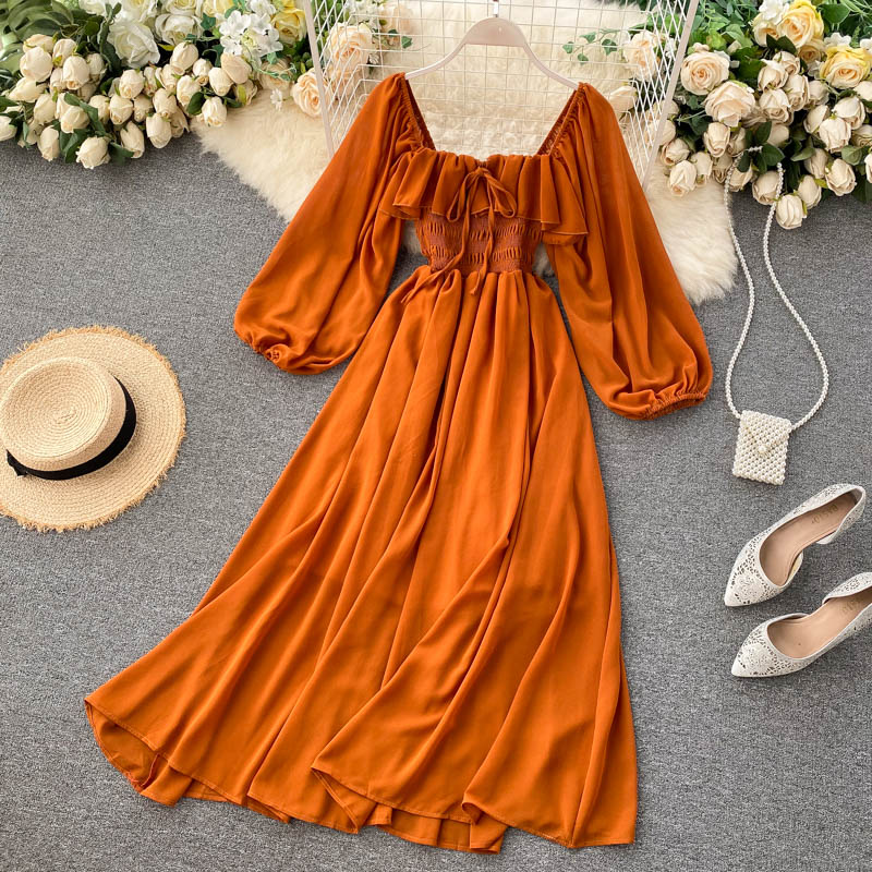 Women's Square Collar Solid Chiffon Puff Sleeve Maxi Dress (6 colors)