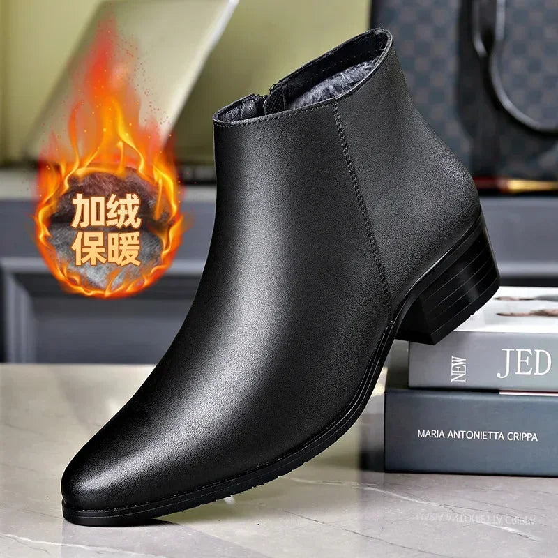 British Business Leather Boots for Men High Heels Pointed Toes and Fleece Chelsea Boots Male Fashion Casual Shoes Man