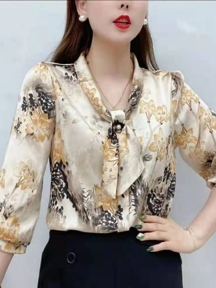 Women's Casual Half Sleeve Bow Tie Collar Printed Chiffon Blouses (2 Colors)