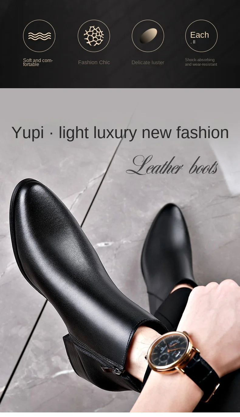 British Business Leather Boots for Men High Heels Pointed Toes and Fleece Chelsea Boots Male Fashion Casual Shoes Man