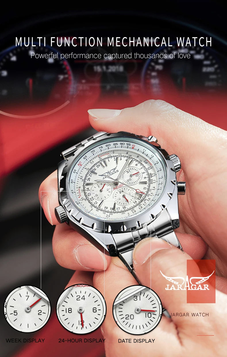 JARAGAR Sports Mens Watches Top Brand Luxury Automatic Mechanical Watch for Men Silver Stainless Steel Strap Military Wristwatch