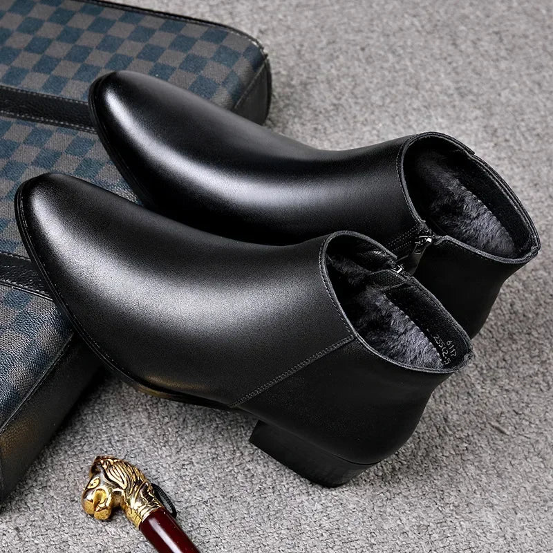 British Business Leather Boots for Men High Heels Pointed Toes and Fleece Chelsea Boots Male Fashion Casual Shoes Man