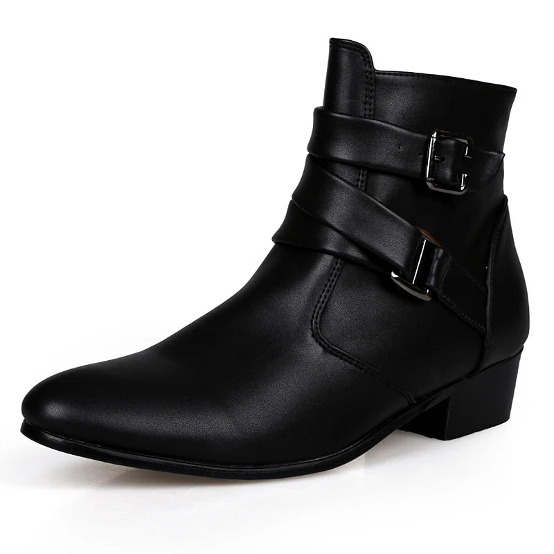 Luxury Leather Chelsea Boots Men Designer White Dress Boots Men Casual High top Buckle Strap Formal Shoes Men Motorcycle Boots