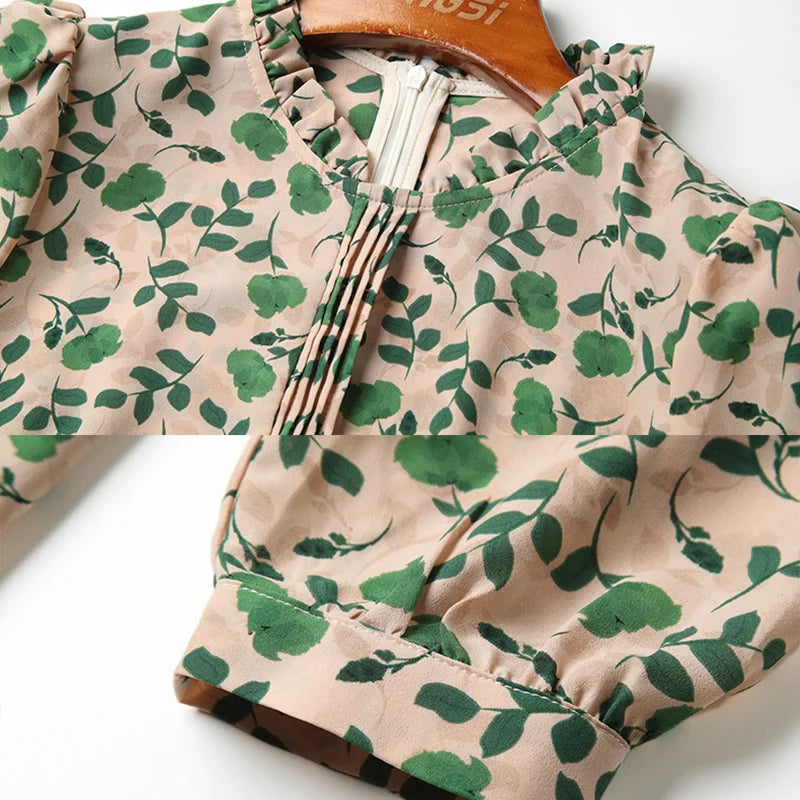 Women's Chiffon Dress: Elegant A-Line Dress with Belt and Puff Sleeves for Spring Parties - Big Swing Slim Fit Vestido