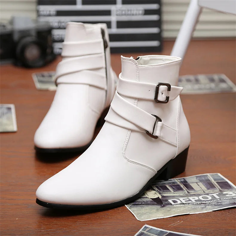 Luxury Leather Chelsea Boots Men Designer White Dress Boots Men Casual High top Buckle Strap Formal Shoes Men Motorcycle Boots