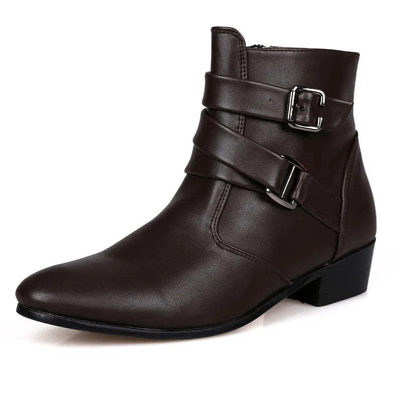 Luxury Leather Chelsea Boots Men Designer White Dress Boots Men Casual High top Buckle Strap Formal Shoes Men Motorcycle Boots