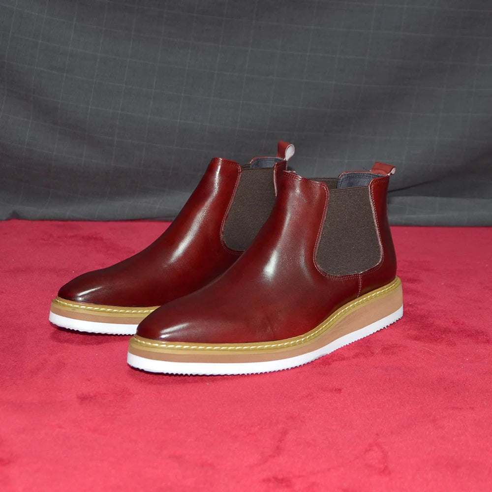 British Style Cow Genuine Leather Men's Chelsea Ankle Boots Slip-on Elastic Band High Top Sneakers Casual Dress Boot for Men