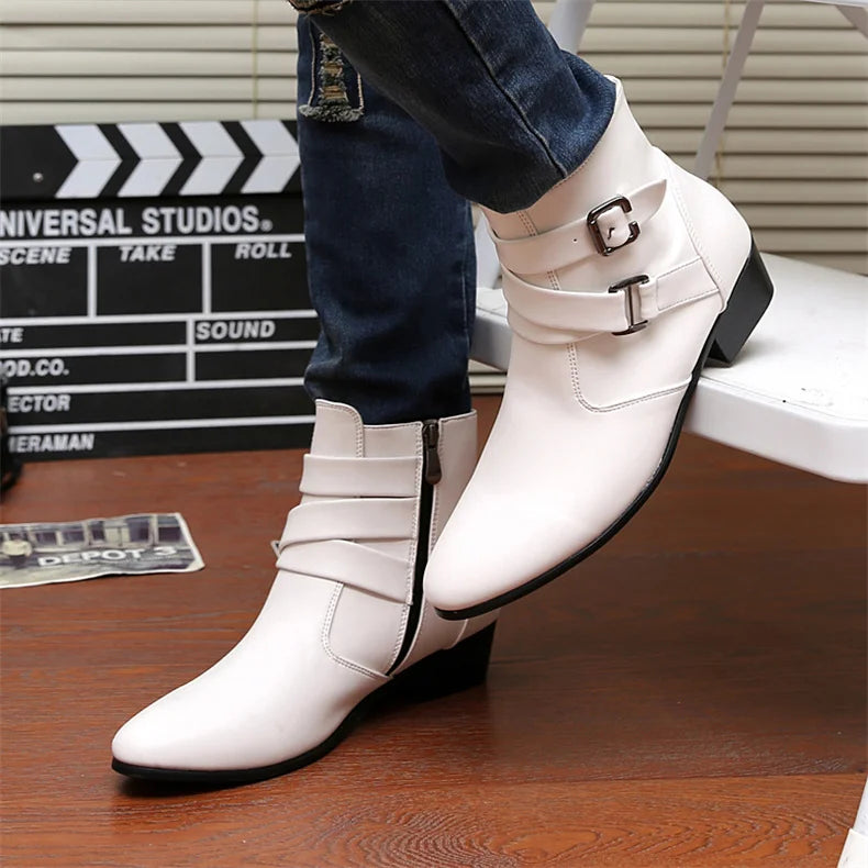 Luxury Leather Chelsea Boots Men Designer White Dress Boots Men Casual High top Buckle Strap Formal Shoes Men Motorcycle Boots