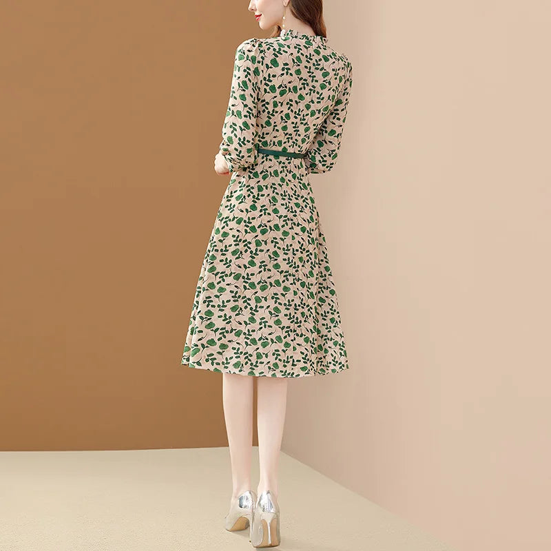 Women's Chiffon Dress: Elegant A-Line Dress with Belt and Puff Sleeves for Spring Parties - Big Swing Slim Fit Vestido