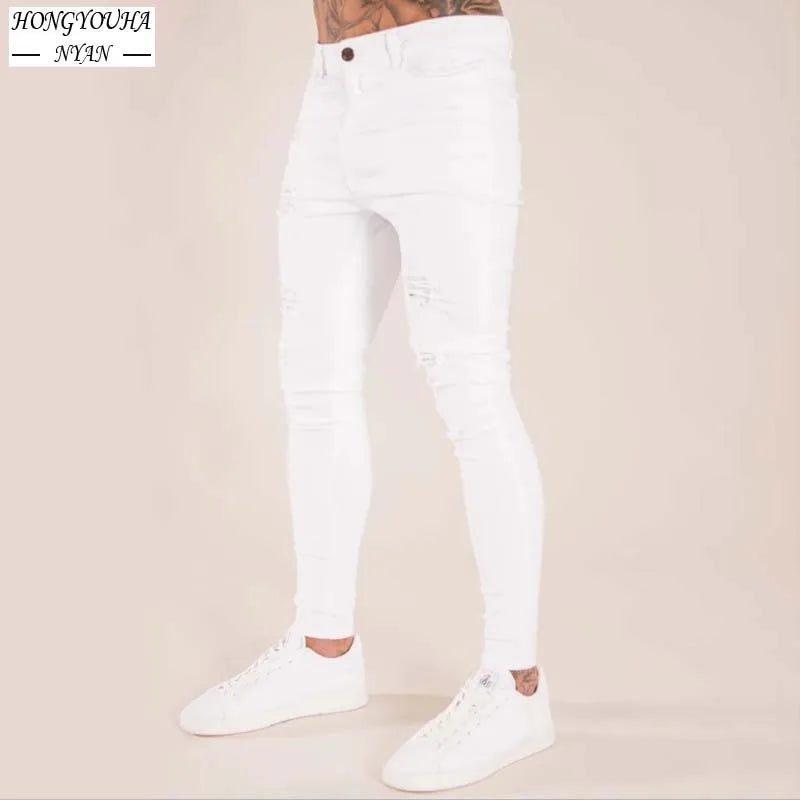 Men's Stretchy Ripped Skinny Embroidered Jeans: White Pants, Destroyed Holes, Slim Fit, High-Quality Denim, Hip Hop Style - 15 Colors/Styles