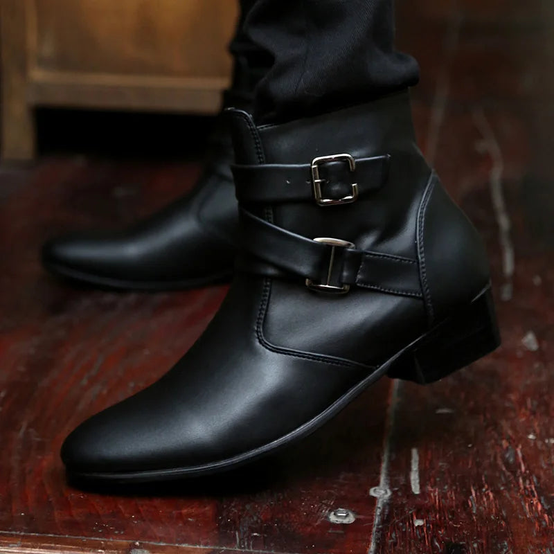 Luxury Leather Chelsea Boots Men Designer White Dress Boots Men Casual High top Buckle Strap Formal Shoes Men Motorcycle Boots