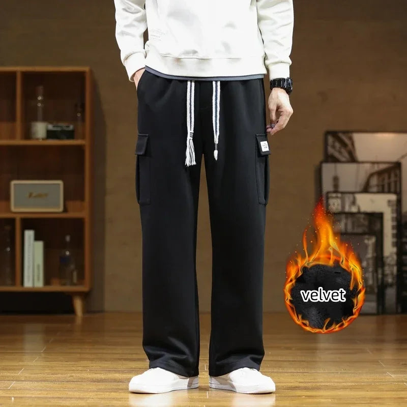 Men's Winter Velvet Sweatpants: Cotton Baggy Joggers with Cargo Pockets, Breathable Loose-Fit Outdoor Wide-Leg Trousers in Solid Colors