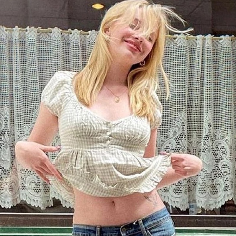 Women's Ruffle Top Buttons Kawaii Crop Tops Cute E-girl Short Sleeve Shirt (5 Colors)