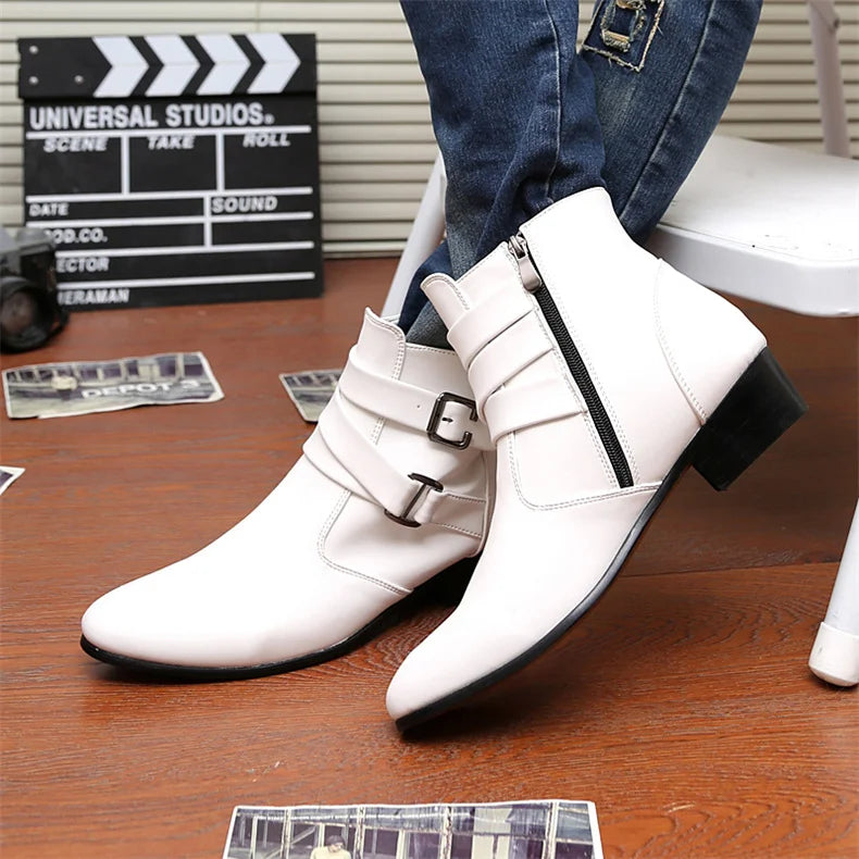 Luxury Leather Chelsea Boots Men Designer White Dress Boots Men Casual High top Buckle Strap Formal Shoes Men Motorcycle Boots