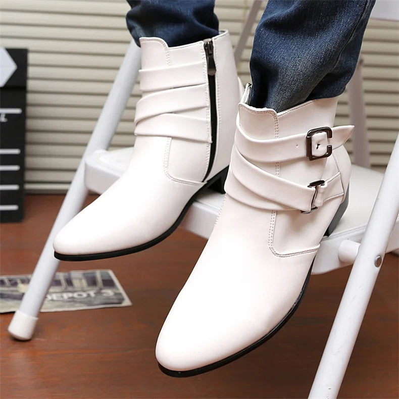 Luxury Leather Chelsea Boots Men Designer White Dress Boots Men Casual High top Buckle Strap Formal Shoes Men Motorcycle Boots