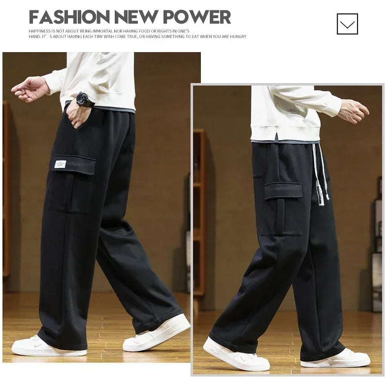 Men's Winter Velvet Sweatpants: Cotton Baggy Joggers with Cargo Pockets, Breathable Loose-Fit Outdoor Wide-Leg Trousers in Solid Colors