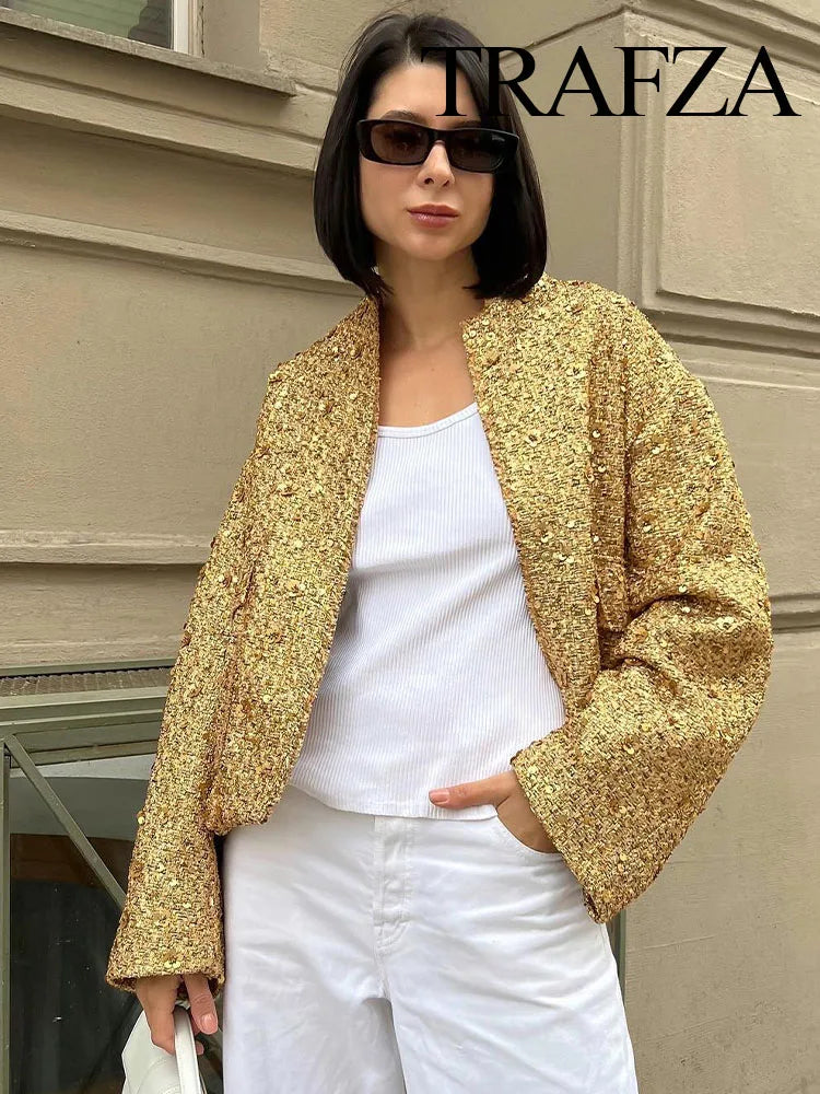 Women's Fashion Shiny Sequin Jacket: Y2K Gold Color Stand Collar Long Sleeve Short Coat for Autumn/Winter - High Streetwear, Available in 5 Colors