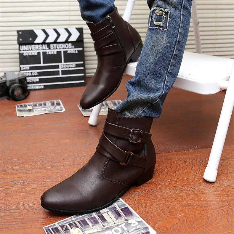 Luxury Leather Chelsea Boots Men Designer White Dress Boots Men Casual High top Buckle Strap Formal Shoes Men Motorcycle Boots