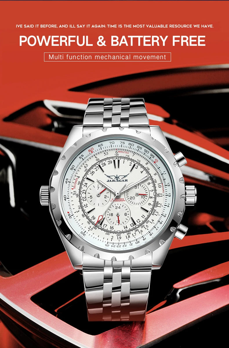 JARAGAR Sports Mens Watches Top Brand Luxury Automatic Mechanical Watch for Men Silver Stainless Steel Strap Military Wristwatch