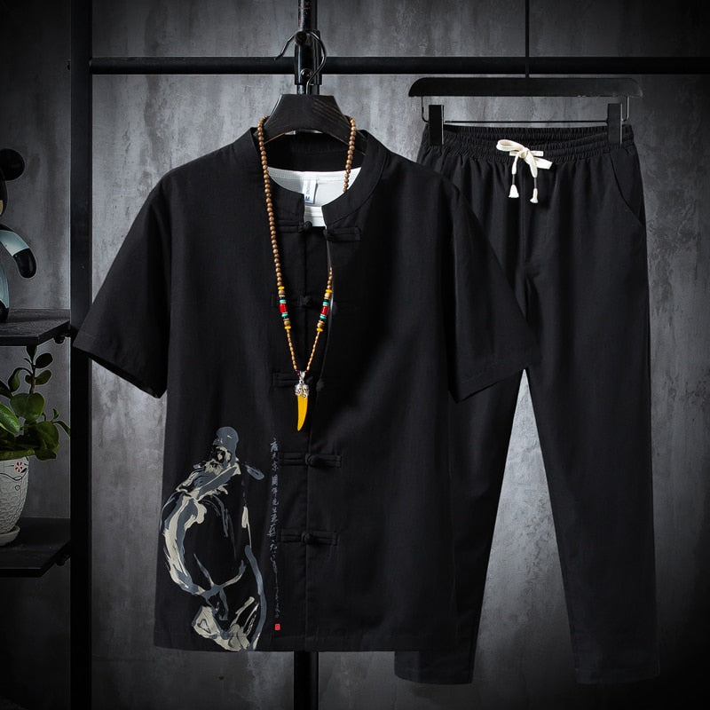 Men's Cotton and linen casual Two Piece (Shirt + trousers) Dress Set (4 Colors)
