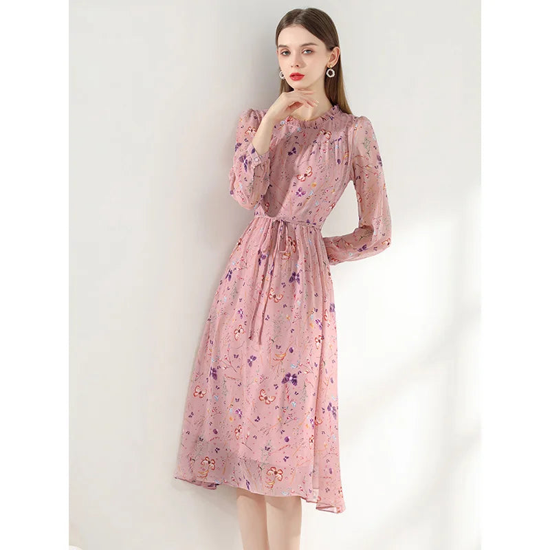 Women's Elegant Floral Print Pink Dress: Casual Long Sleeve Slim A-Line Dresses for Office - Autumn Winter Vestido