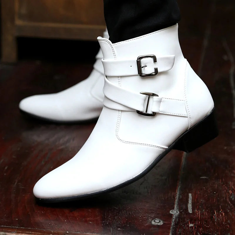 Luxury Leather Chelsea Boots Men Designer White Dress Boots Men Casual High top Buckle Strap Formal Shoes Men Motorcycle Boots